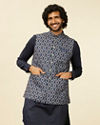 Dark Blue Medallion Printed Nehru Jacket